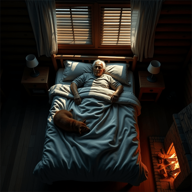 00048-231954766-an elderly man sleeps soundly in a rustic cabin bedroom the overhead view captures his silhouette beneath a heavy quilt moonli 00048-231954766-an elderly man sleeps soundly in a rustic cabin bedroom the overhead view captures his silhouette beneath a heavy quilt moonli proto-untypical sleep