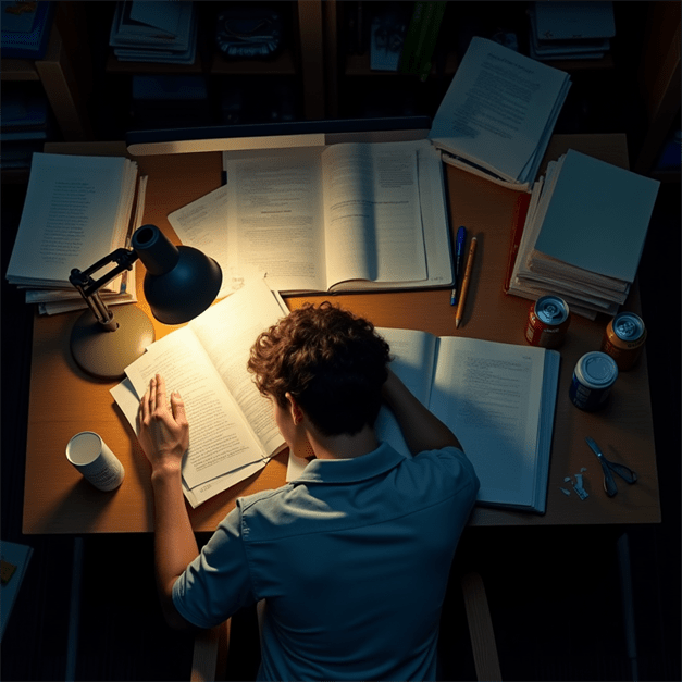 00051-613988721-a college student falls asleep at their desk face pressed against open textbooks and scattered notes the camera frames them fr 00051-613988721-a college student falls asleep at their desk face pressed against open textbooks and scattered notes the camera frames them fr proto-untypical stress and weight loss