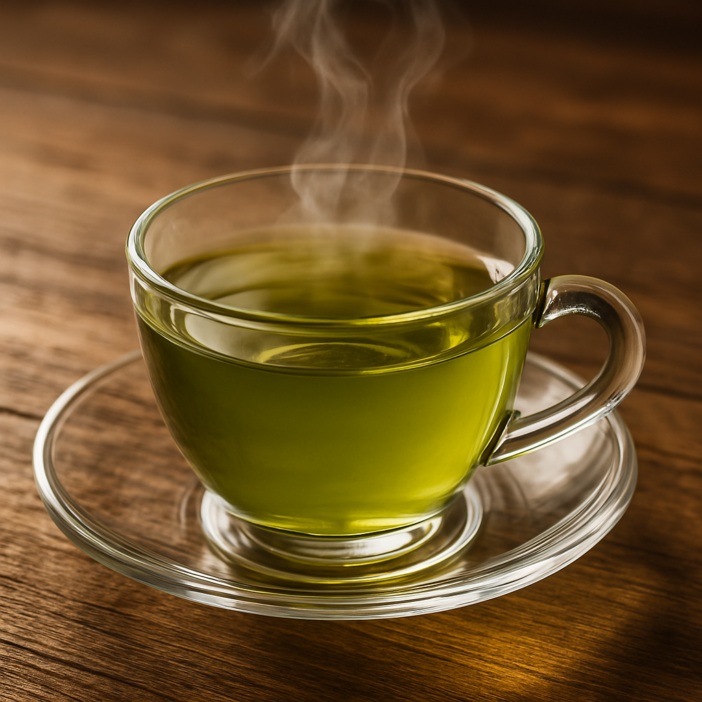 A cup of green tea on a wooden table | Alt text: Green tea extract boosts metabolism during intermittent fasting